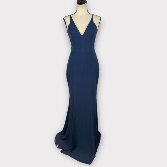 Dress the Population Iris Slit Crepe Gown Women's XS Navy Blue Sleeveless NWOT - Picture 3 of 13